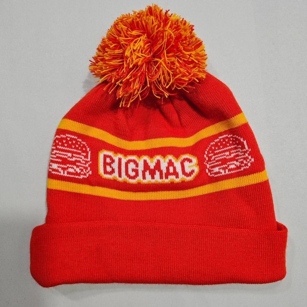 McDonalds Beanie Hat Unisex OS Red Big Mac Burger Pom Pom Knit Novelty Graphic